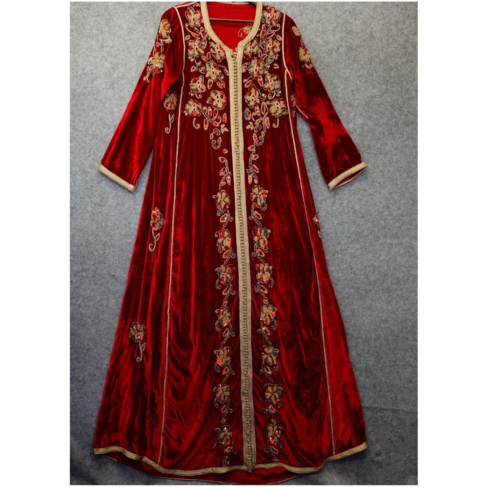 Vintage Moroccan Kaftan Dress Womens XS S Red Velvet Embroidered Beads Wedding